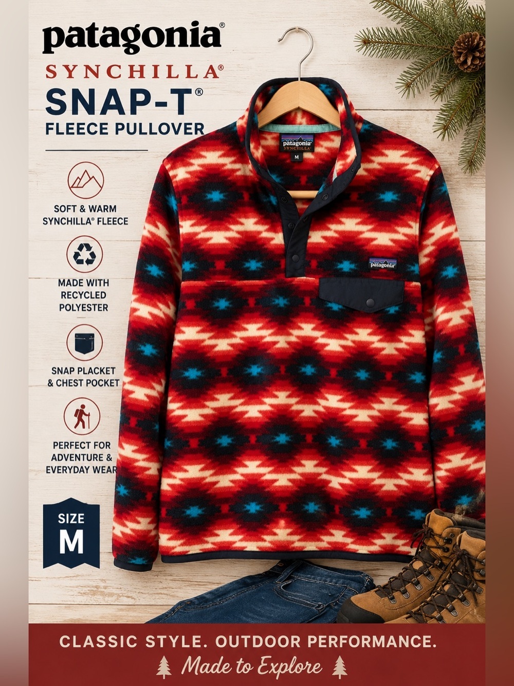 Patagonia Synchilla Snap-T Fleece Pullover Wild Desert Aztec Red Blue Medium